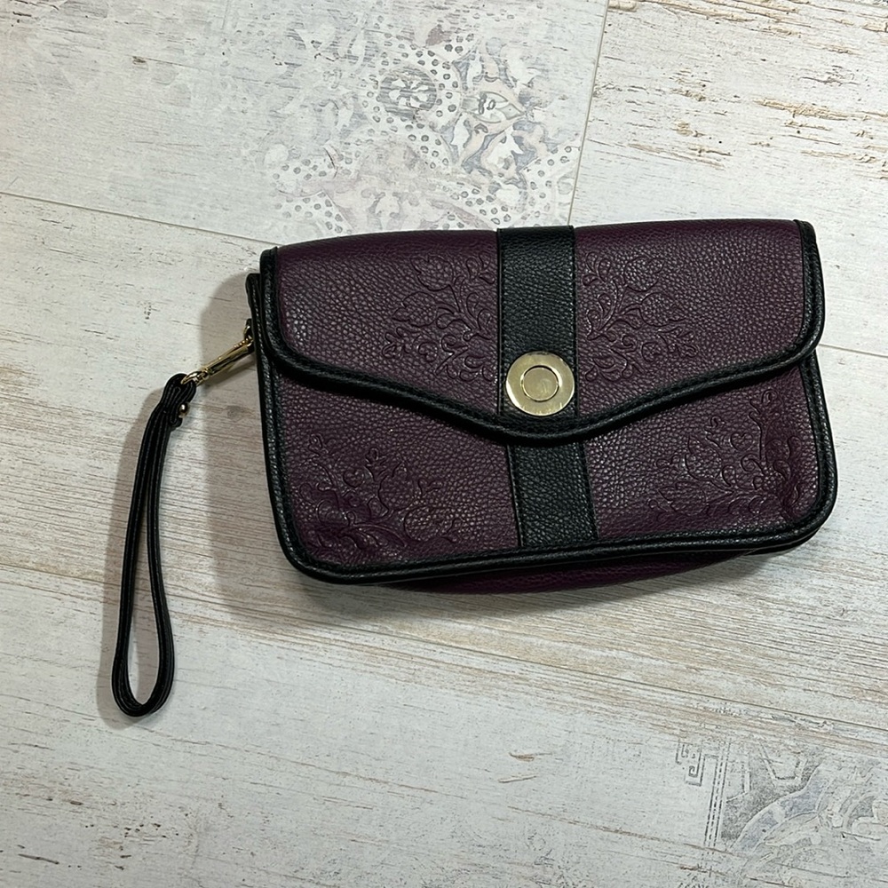 Charming Charlie Oversized Leather Purple and Black Clutch Wristlet Bag